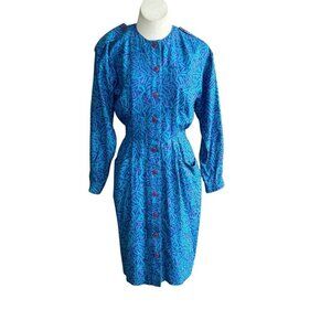 St. Gillian Vintage 80s Blue Purple Print 100% Silk Military Shirt Dress Size 6
